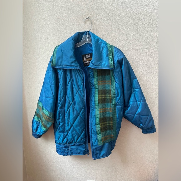 vintage London Fog Glacial Fog Puffer Ski Jacket Turquoise purple plaid womens S - Picture 1 of 9
